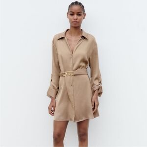 NWOT Zara Large Tan Belted Shirt Dress